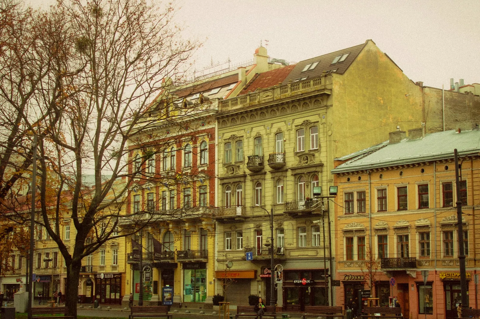 Historic façades on a street in Lviv